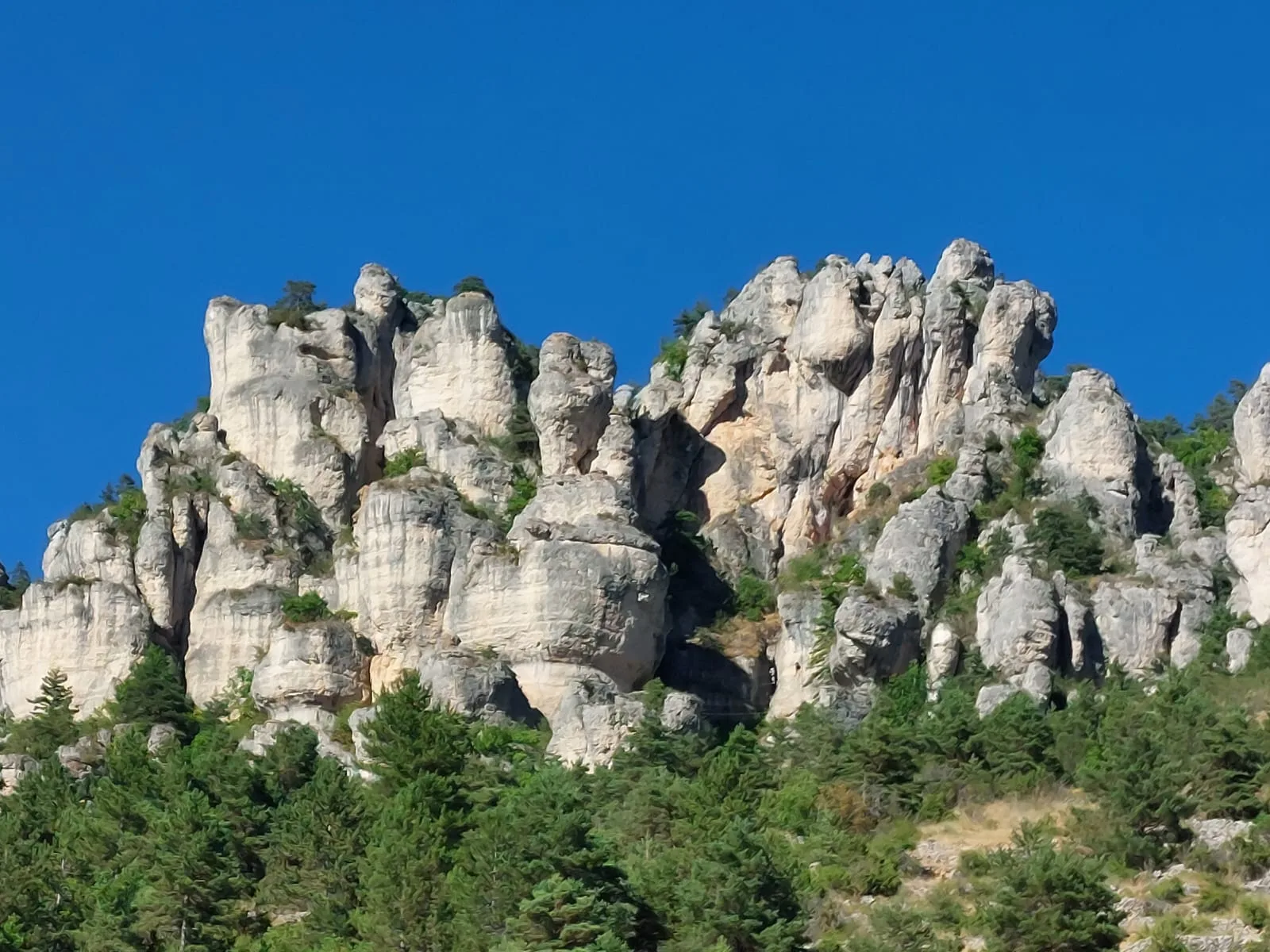 Falaise de Liaucous avec les parcours de via ferrata : Début, Passerelle, Pont de singe, Pont Népalais, La Poire, Tyrolienne et Fin